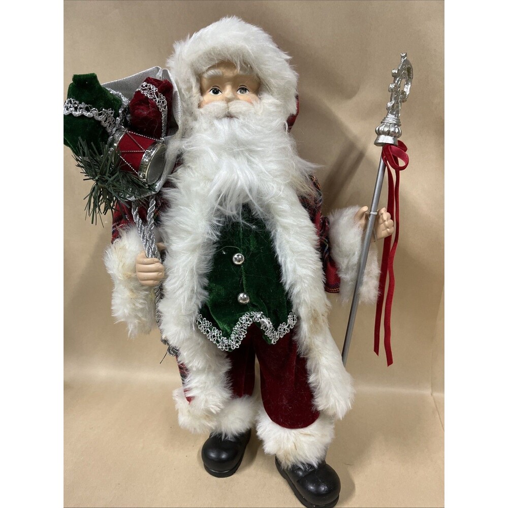 Merry Brite Santa Claus Tartan Plaid Coat Gift Bag Silver Staff 18" Read